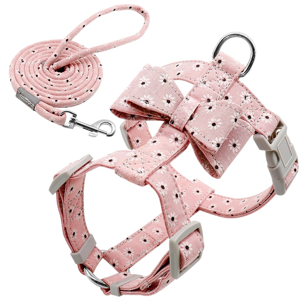 Colorful Print Dog Harness With Leash Nylon Dogs Harness And Walking Leash Set Cute Bow Knot Accessory for Small Medium Dogs Pug