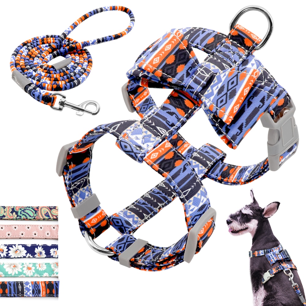 Colorful Print Dog Harness With Leash Nylon Dogs Harness And Walking Leash Set Cute Bow Knot Accessory for Small Medium Dogs Pug